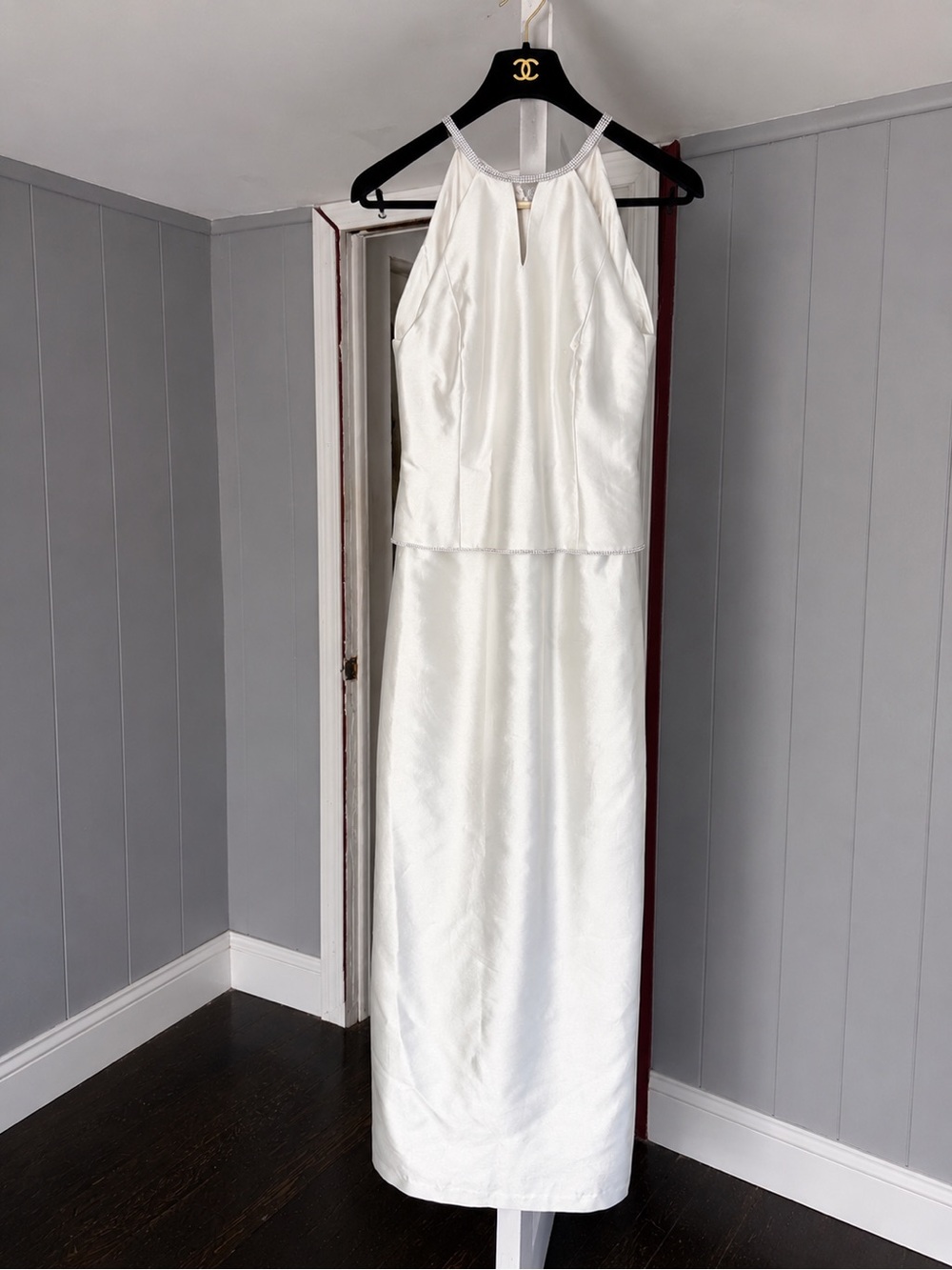 Grey/Ivory Satin Rhinestone Halter Gown & Jacket Formal Evening Dress Set Size 4